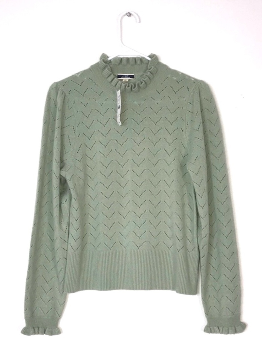 NWT J.Crew 100% Cashmere Pointelle Mockneck Sweater - Light Sage - Size M